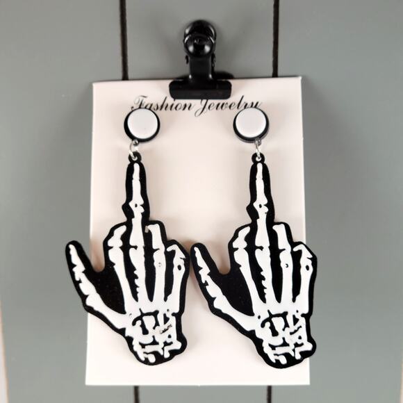 Skeleton Hand Earring Middle Finger Drop Statement Jewelry Punk Goth 3" NWT Edgy - Picture 3 of 7